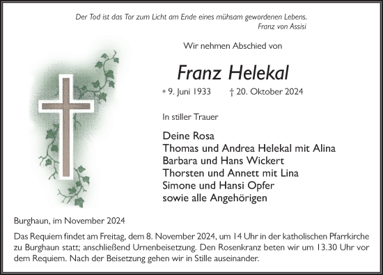 Traueranzeige von Franz Helekal von FZ