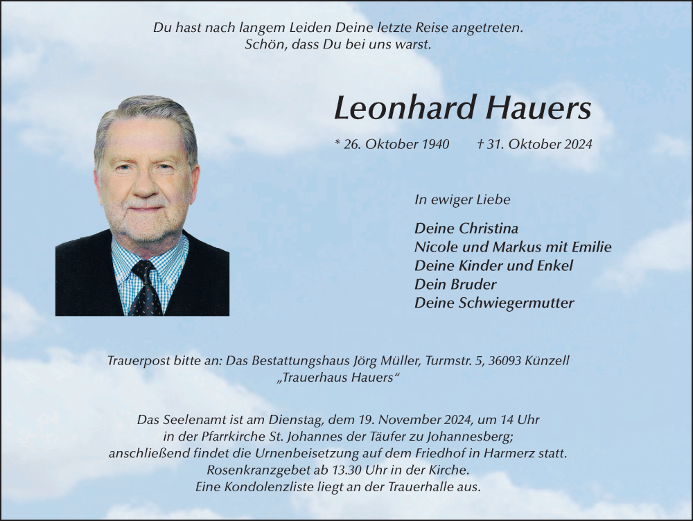  Traueranzeige für Leonhard Hauers vom 16.11.2024 aus FZ