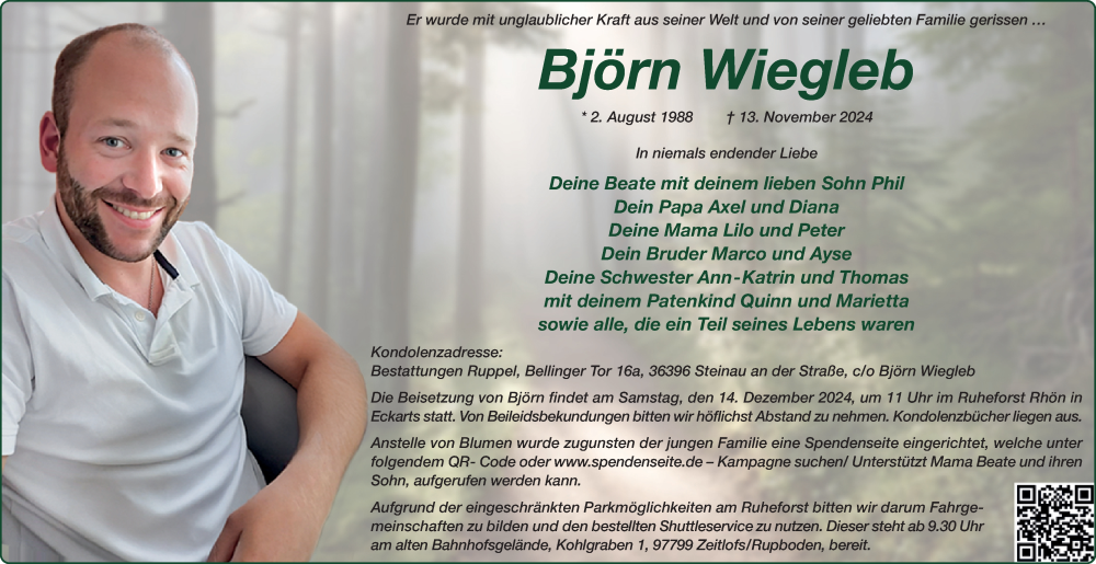  Traueranzeige für Björn Wiegleb vom 30.11.2024 aus FZ