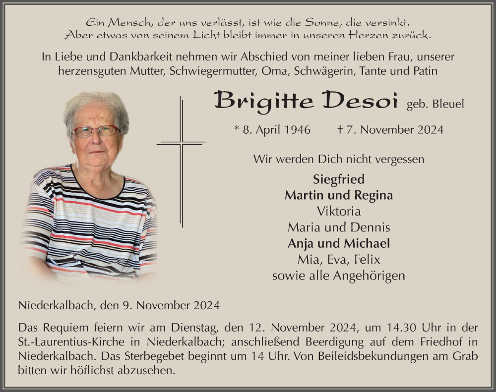  Traueranzeige für Brigitte Desoi vom 09.11.2024 aus FZ