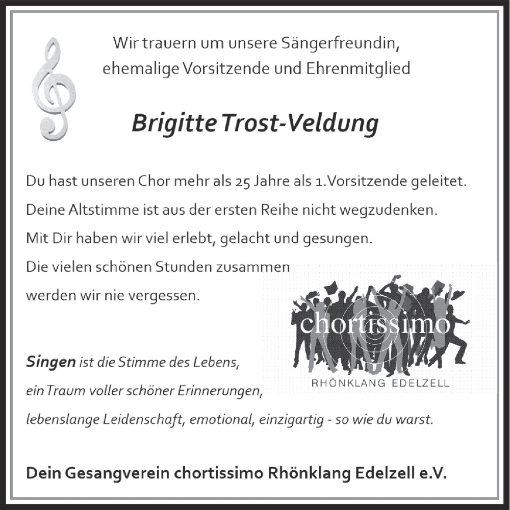  Traueranzeige für Brigitte Trost-Veldung vom 09.11.2024 aus FZ