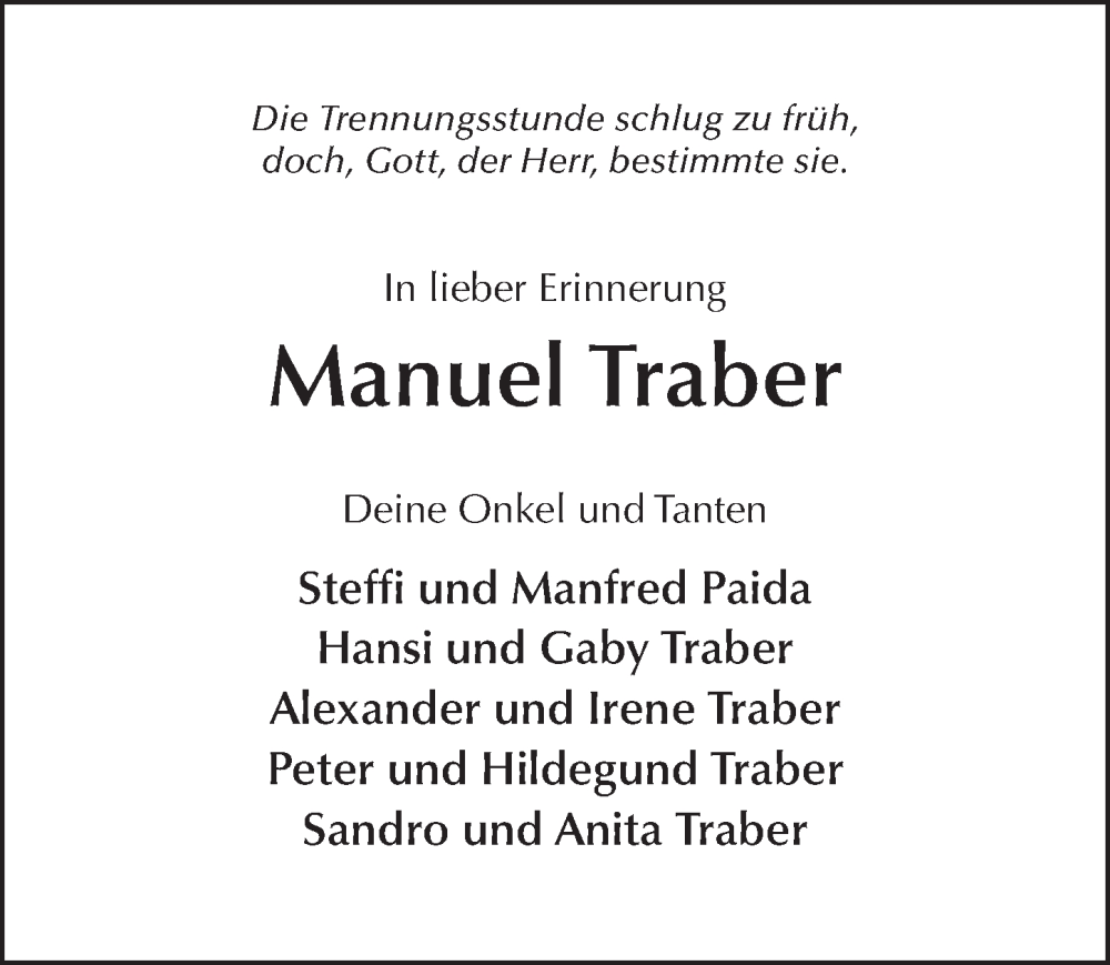  Traueranzeige für Manuel Traber vom 02.11.2024 aus FZ
