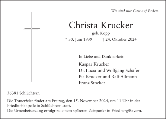 Traueranzeige von Christa Krucker von FZ