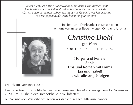 Traueranzeige von Christine Diehl von FZ