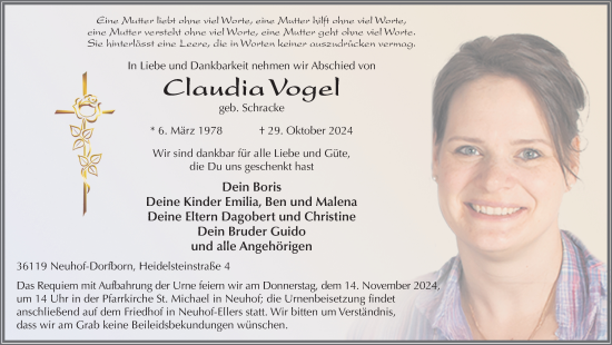 Traueranzeige von Claudia Vogel von FZ