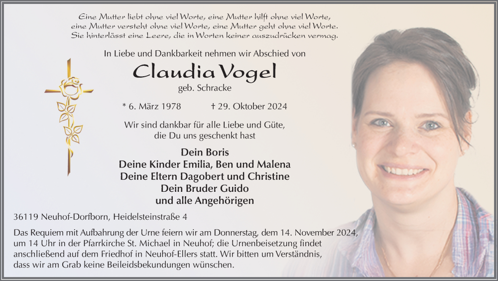  Traueranzeige für Claudia Vogel vom 09.11.2024 aus FZ