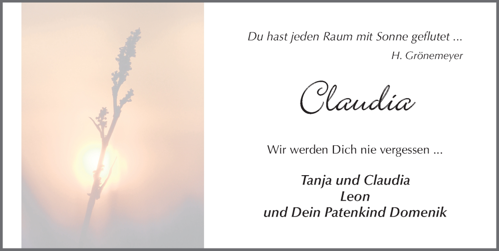  Traueranzeige für Claudia Vogel vom 09.11.2024 aus FZ
