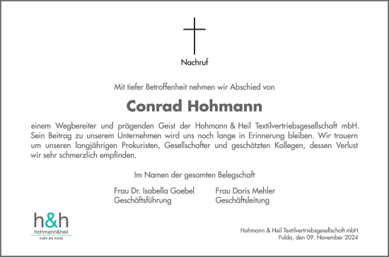 Traueranzeige von Conrad Hohmann von FZ