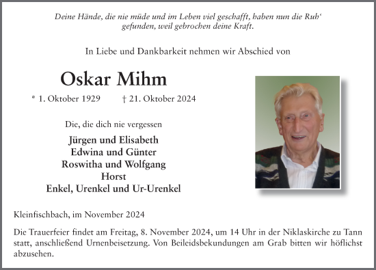 Traueranzeige von Oskar Mihm von FZ