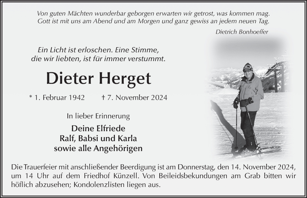  Traueranzeige für Dieter Herget vom 12.11.2024 aus FZ