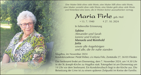 Traueranzeige von Maria Firle von FZ