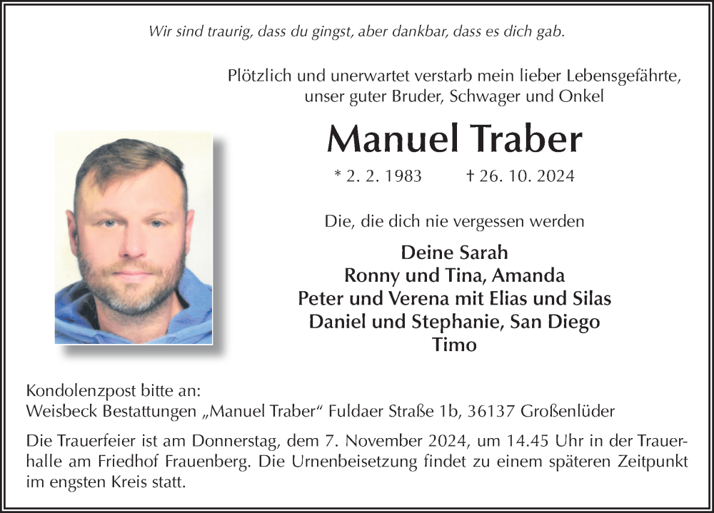  Traueranzeige für Manuel Traber vom 02.11.2024 aus FZ