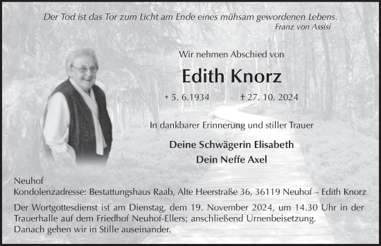 Traueranzeige von Edith Knorz von FZ