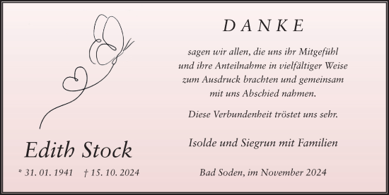 Traueranzeige von Edith Stock von FZ