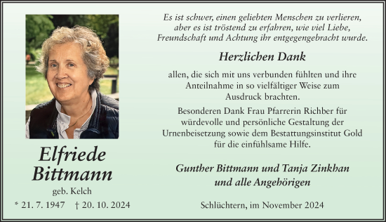 Traueranzeige von Elfriede Bittmann von FZ