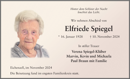 Traueranzeige von Elfriede Spiegel von FZ