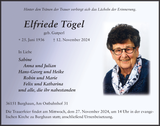 Traueranzeige von Elfriede Tögel von FZ