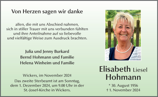 Traueranzeige von Elisabeth Hohmann von FZ