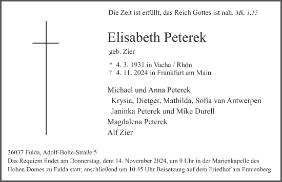 Traueranzeige von Elisabeth Peterek von FZ