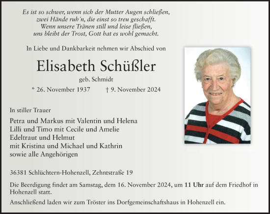 Traueranzeige von Elisabeth Schüßler von FZ
