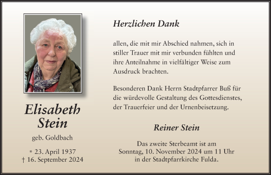 Traueranzeige von Elisabeth Stein von FZ