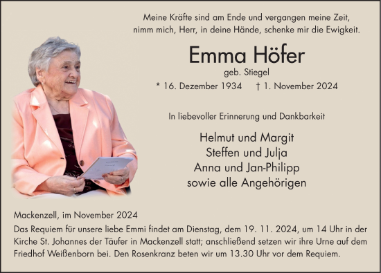 Traueranzeige von Emma Höfer von FZ