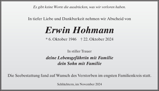 Traueranzeige von Erwin Hohmann von FZ