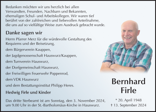 Traueranzeige von Bernhard Firle von FZ