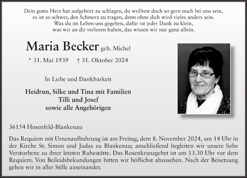  Traueranzeige für Maria Becker vom 05.11.2024 aus FZ