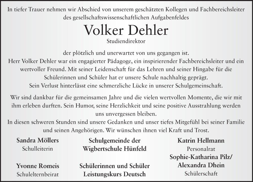  Traueranzeige für Volker Dehler vom 02.11.2024 aus FZ