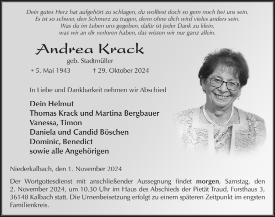 Traueranzeige von Andrea Krack von FZ