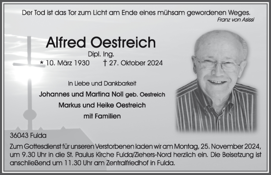 Traueranzeige von Alfred Oestreich von FZ