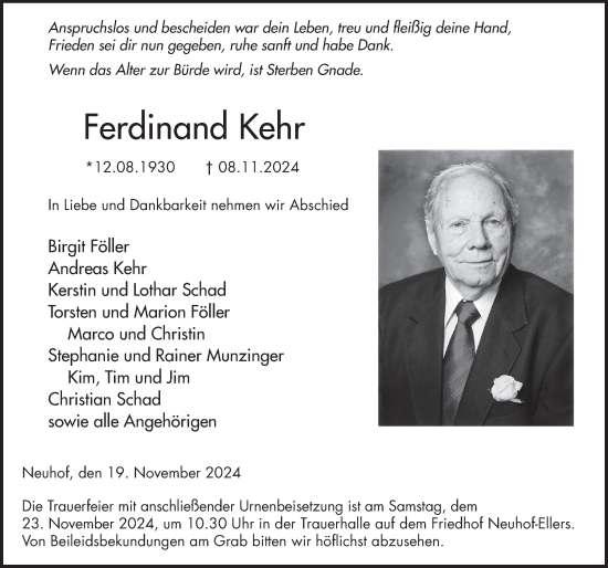 Traueranzeige von Ferdinand Kehr von FZ
