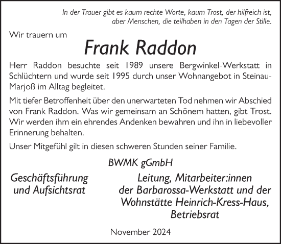 Traueranzeige von Frank Raddon von FZ