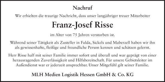 Traueranzeige von Franz-Josef Risse von FZ