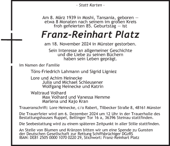 Traueranzeige von Franz-Reinhart Platz von FZ