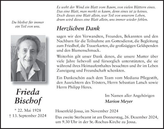 Traueranzeige von Frieda Bischof von FZ