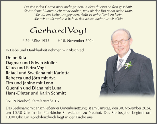 Traueranzeige von Gerhard Vogt von FZ