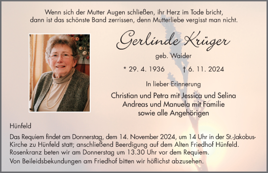 Traueranzeige von Gerlinde Krüger von FZ