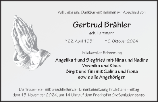 Traueranzeige von Gertrud Brähler von FZ