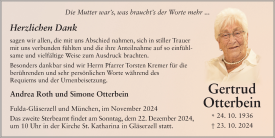 Traueranzeige von Gertrud Otterbein von FZ