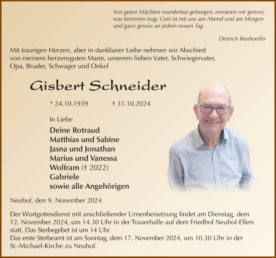 Traueranzeige von Gisbert Schneider von FZ