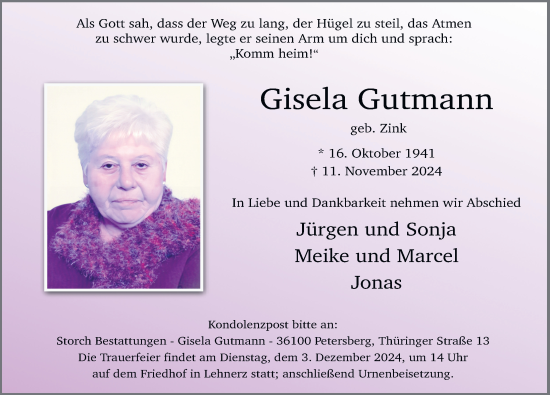 Traueranzeige von Gisela Gutmann von FZ