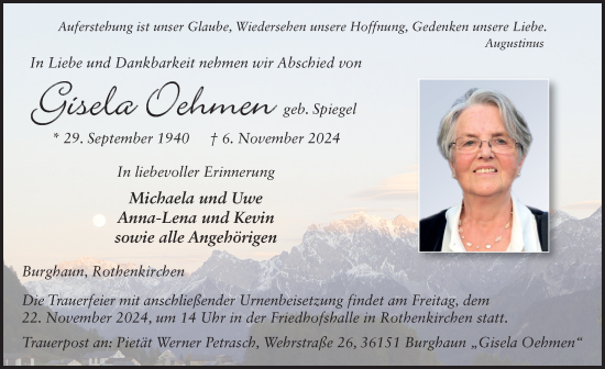 Traueranzeige von Gisela Oehmen von FZ