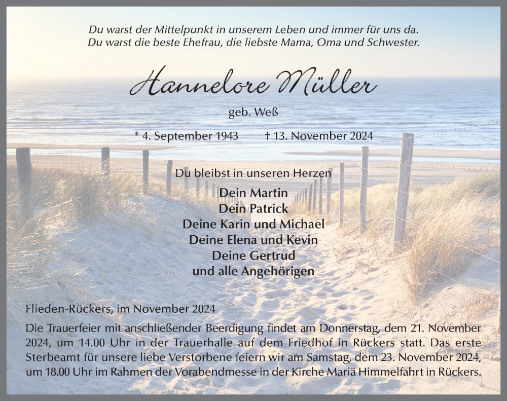  Traueranzeige für Hannelore Müller vom 19.11.2024 aus FZ