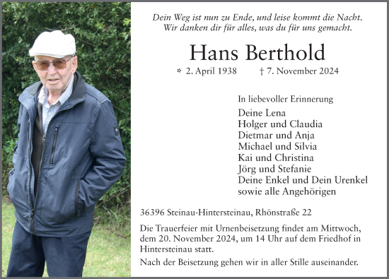 Traueranzeige von Hans Berthold von FZ