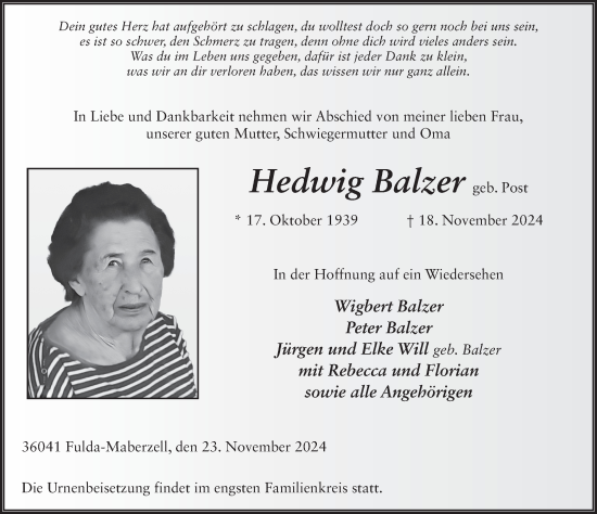 Traueranzeige von Hedwig Balzer von FZ