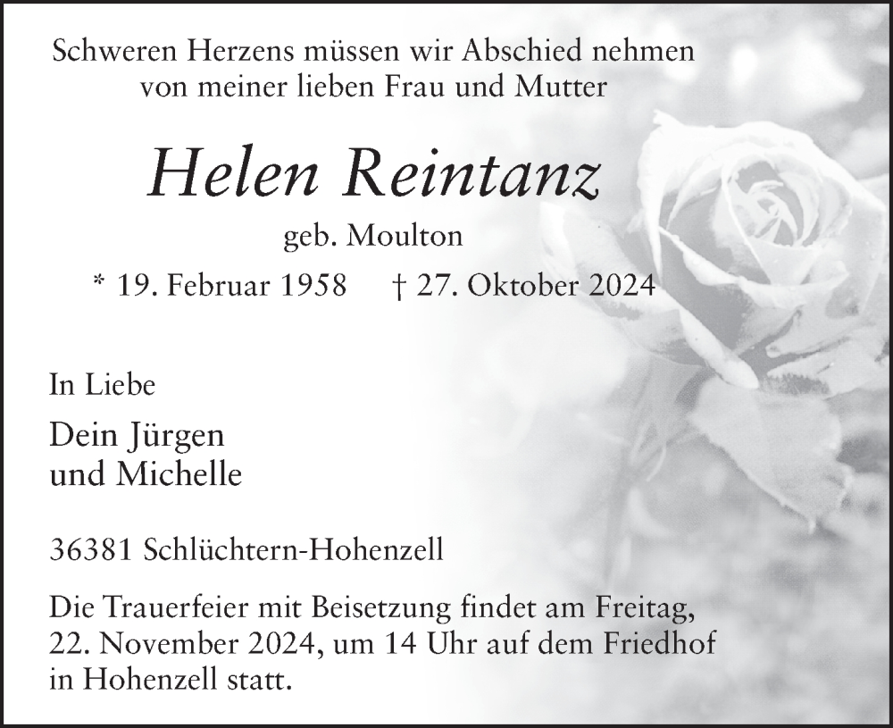  Traueranzeige für Helen Reintanz vom 16.11.2024 aus FZ