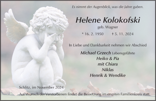 Traueranzeige von Helene Kolokofski von FZ