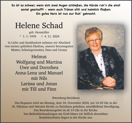 Traueranzeige von Helene Schad von FZ